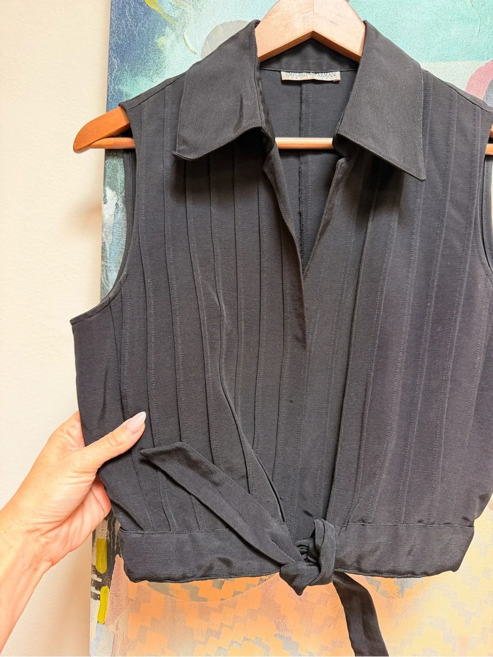 Vintage 1990s Emporio Armani Black Sleeveless Tie-Front Cropped Vest Top - Picture 2 of 6